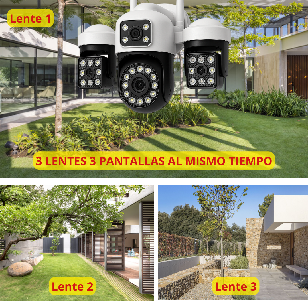 💥Cámara de seguridad 3 lentes 🌧  Exterior Ip66 WIFI 🛜 vista panorámica de 360°