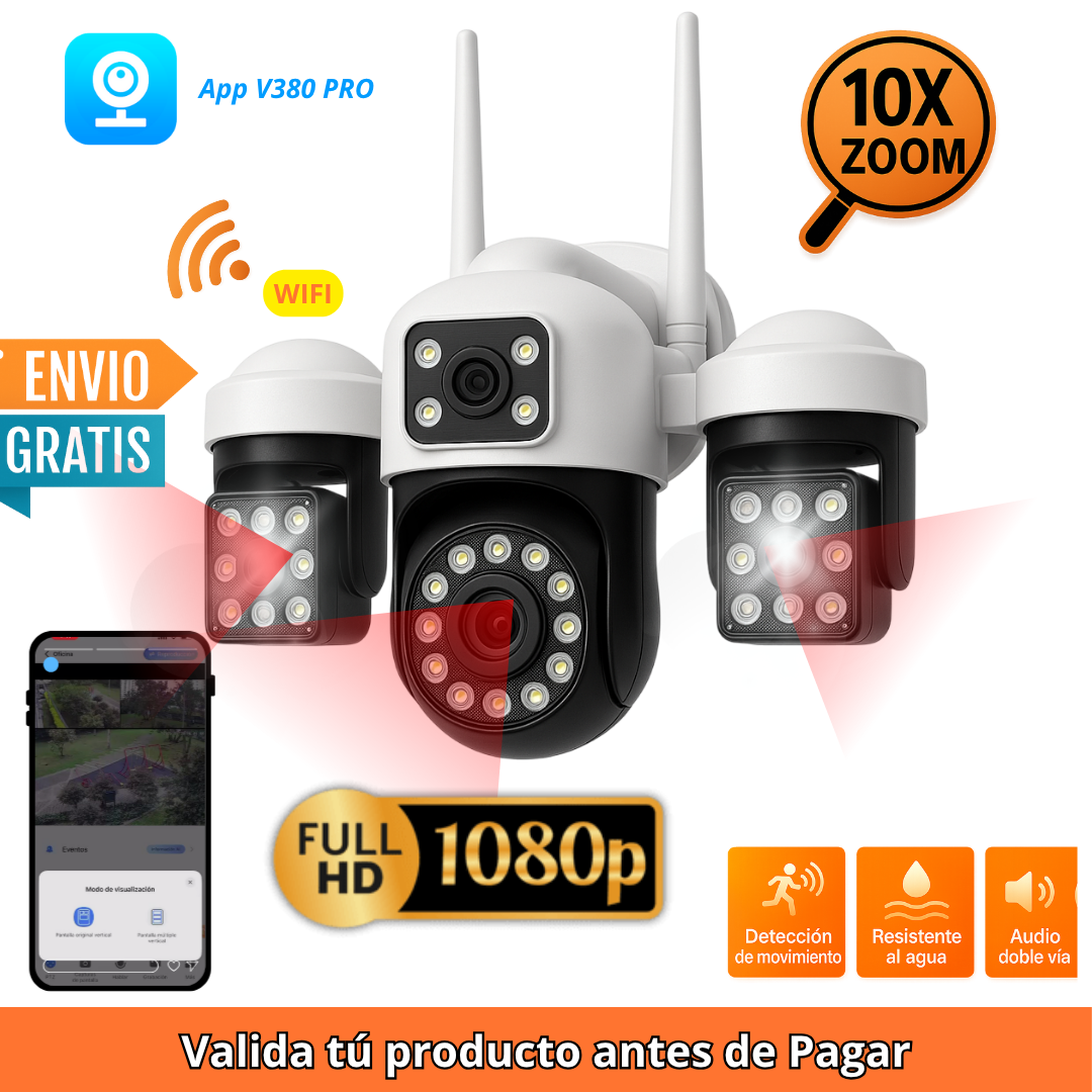 💥Cámara de seguridad 3 lentes 🌧  Exterior Ip66 WIFI 🛜 vista panorámica de 360°