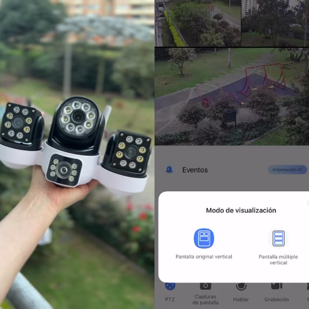 💥Cámara de seguridad 3 lentes 🌧  Exterior Ip66 WIFI 🛜 vista panorámica de 360°