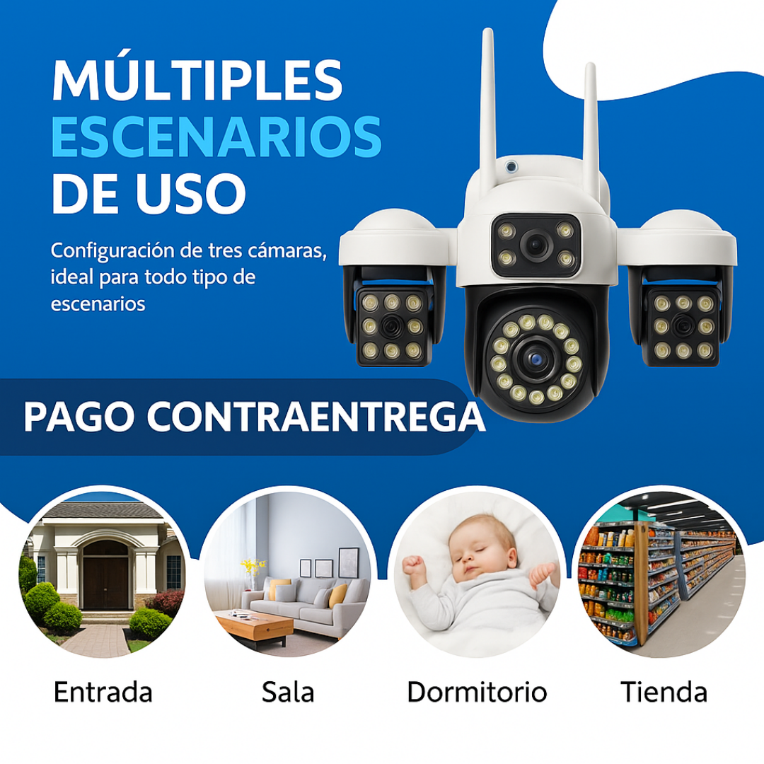 💥Cámara de seguridad 3 lentes 🌧  Exterior Ip66 WIFI 🛜 vista panorámica de 360°